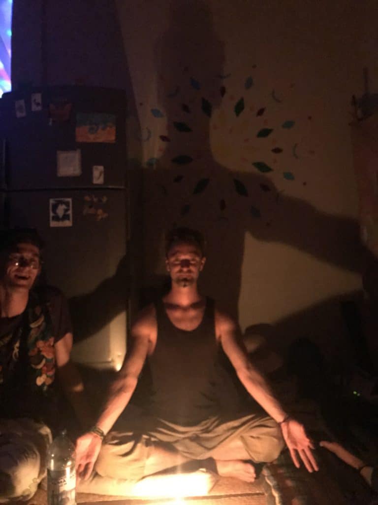 Photo of a traveler friend striking a meditation pose during a Cacao celebration party - San Marcos, Guatemala May 2017
